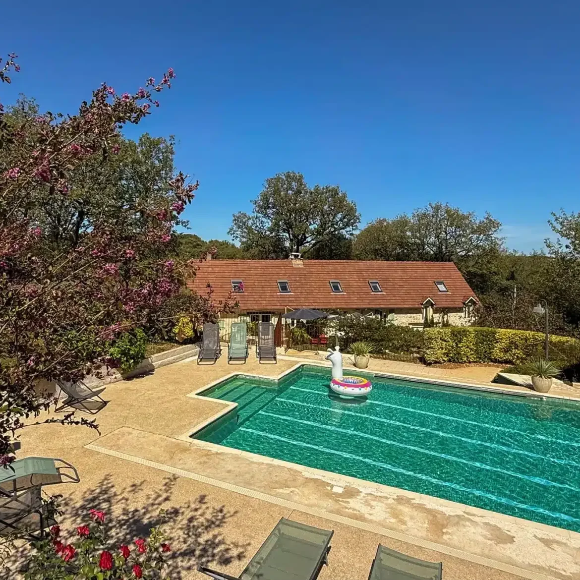 Grande piscine avec transats avec vue sur le grand gîte 15 personnes du Clos des Aubiers
