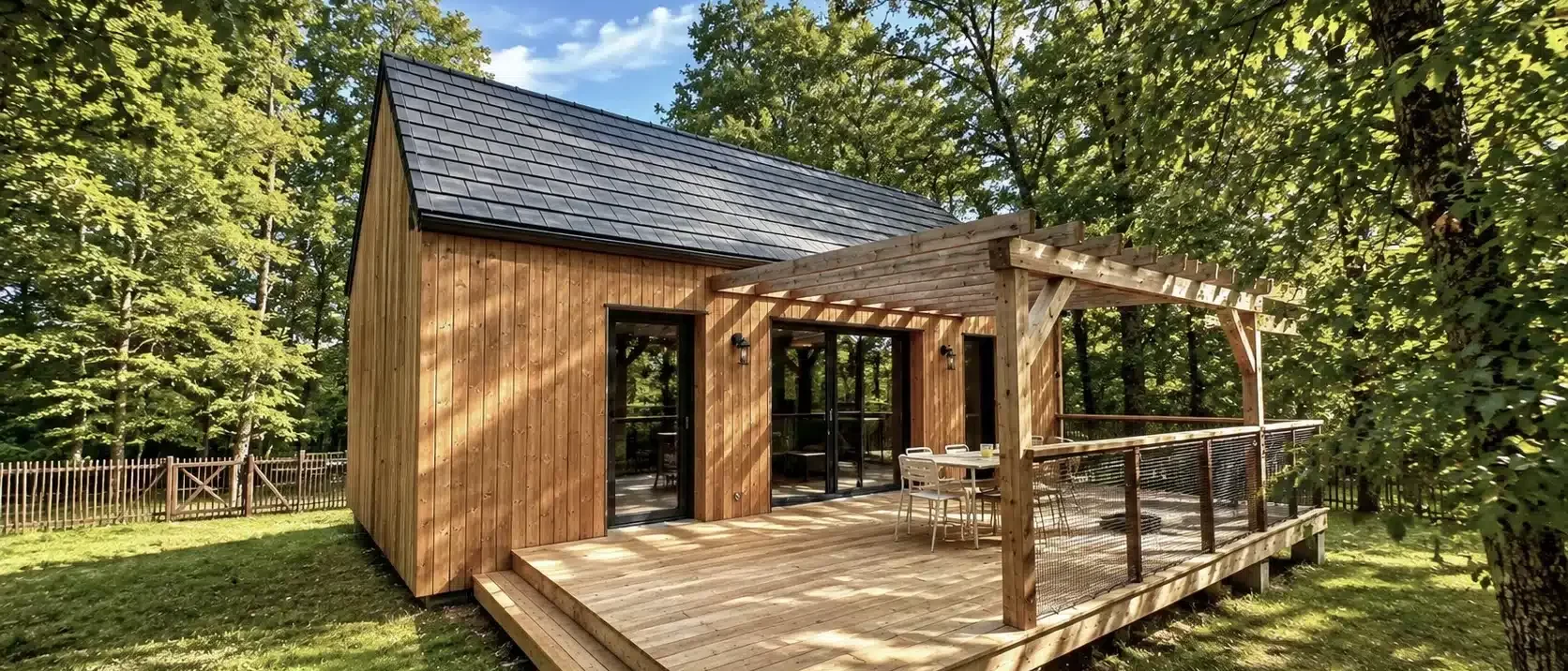 Vue ext&eacute;rieur devant la terrasse du g&icirc;te en bois la Clairi&egrave;re des Aubiers