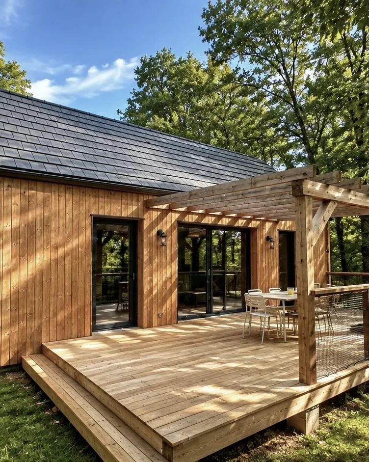 Vue extérieur devant la terrasse du gîte en bois la Clairière des Aubiers